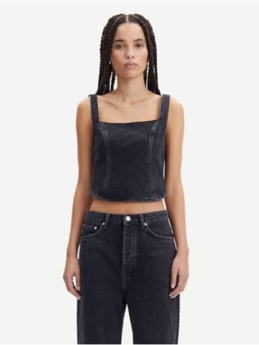 SAMSOE Casja Too Washed Black Square-Neck Denim Crop Top